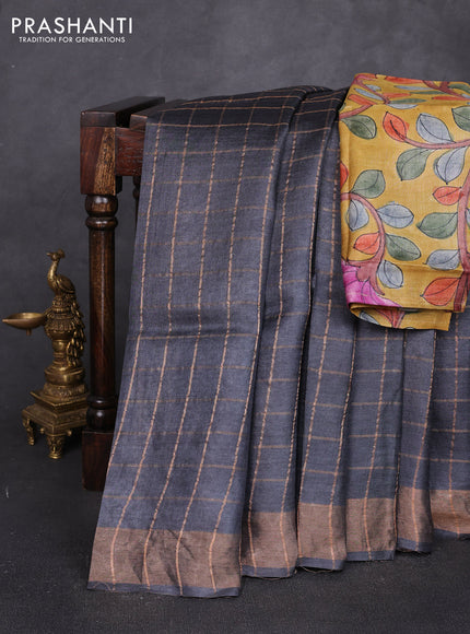 Pure tussar silk saree black and mustard yellow with allover zari checked pattern and zari woven border