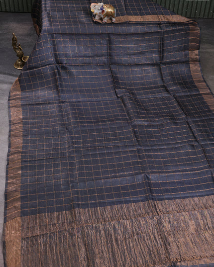 Pure tussar silk saree black and mustard yellow with allover zari checked pattern and zari woven border