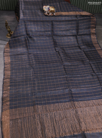 Pure tussar silk saree black and mustard yellow with allover zari checked pattern and zari woven border