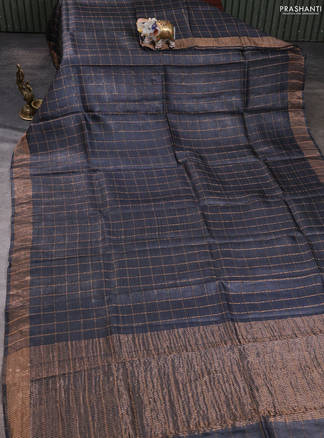 Pure tussar silk saree black and mustard yellow with allover zari checked pattern and zari woven border