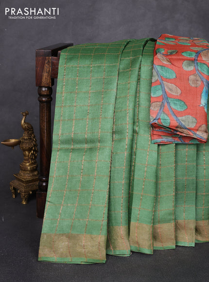 Pure tussar silk saree green and rustic orange with allover zari checked pattern and zari woven border