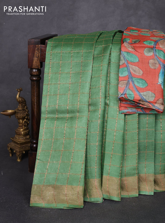Pure tussar silk saree green and rustic orange with allover zari checked pattern and zari woven border