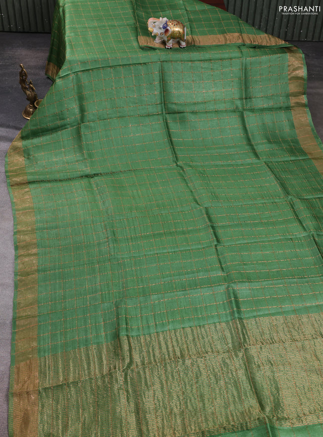 Pure tussar silk saree green and rustic orange with allover zari checked pattern and zari woven border