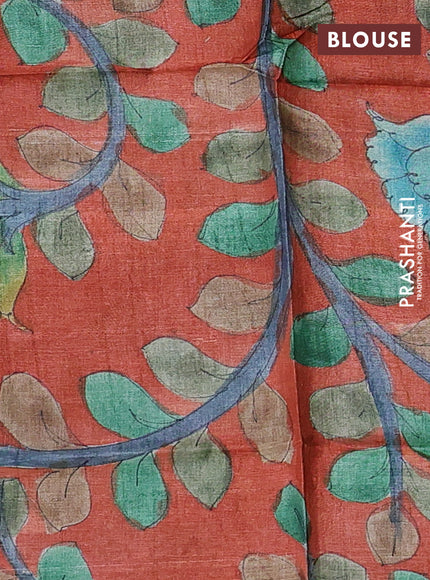 Pure tussar silk saree green and rustic orange with allover zari checked pattern and zari woven border