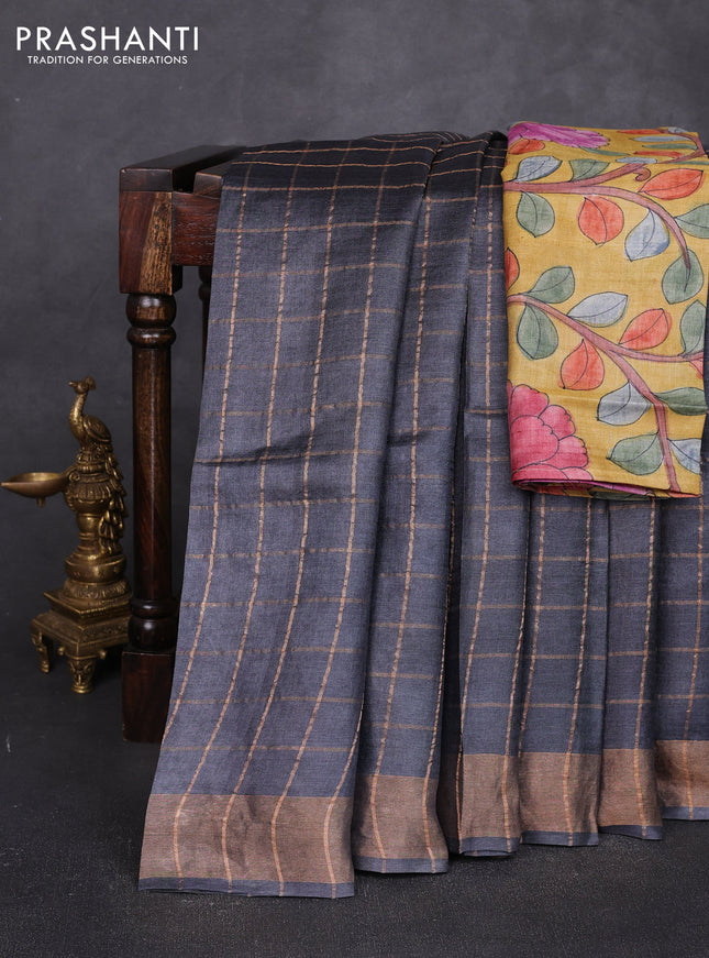 Pure tussar silk saree black and mustard yellow with allover zari checked pattern and zari woven border