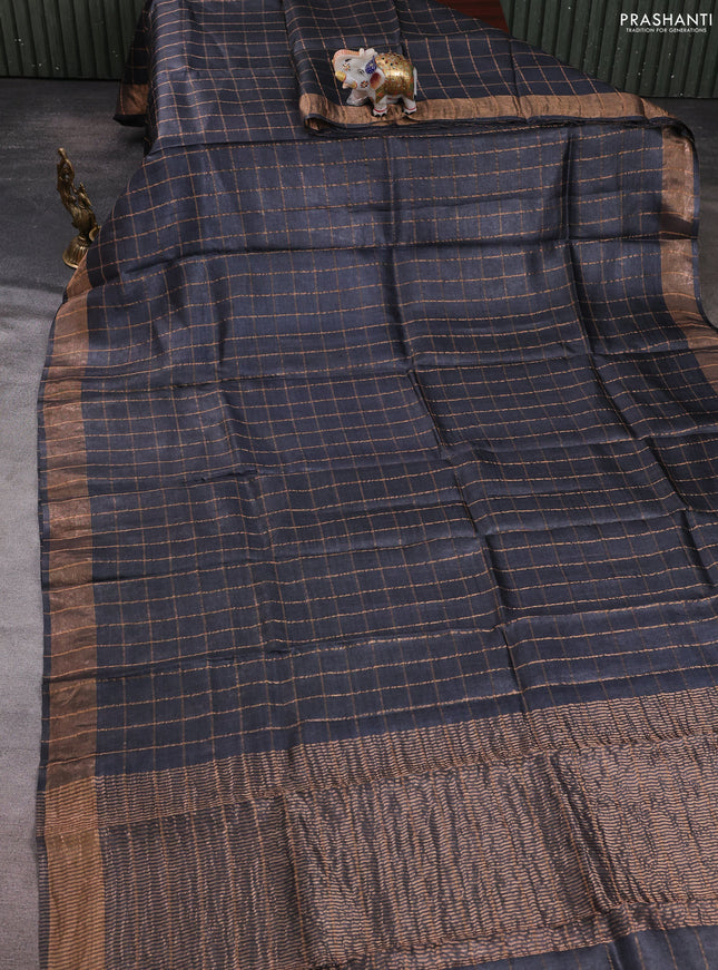 Pure tussar silk saree black and mustard yellow with allover zari checked pattern and zari woven border