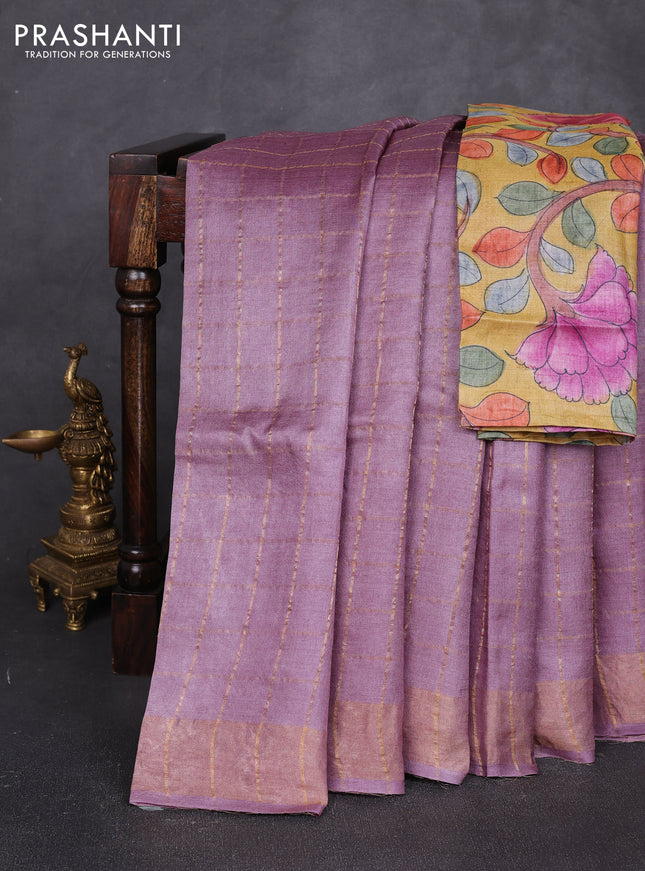Pure tussar silk saree rosy brown and mustard yellow with allover zari checked pattern and zari woven border