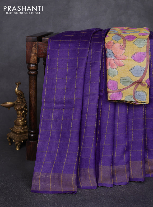 Pure tussar silk saree purple and mustard yellow with allover zari checked pattern and zari woven border
