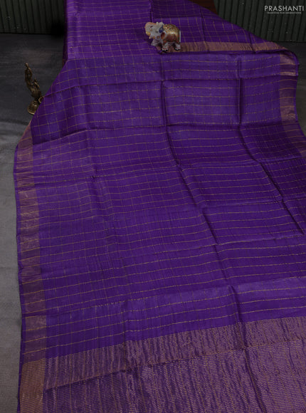 Pure tussar silk saree purple and mustard yellow with allover zari checked pattern and zari woven border