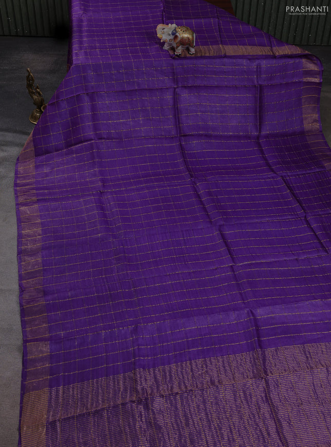 Pure tussar silk saree purple and mustard yellow with allover zari checked pattern and zari woven border