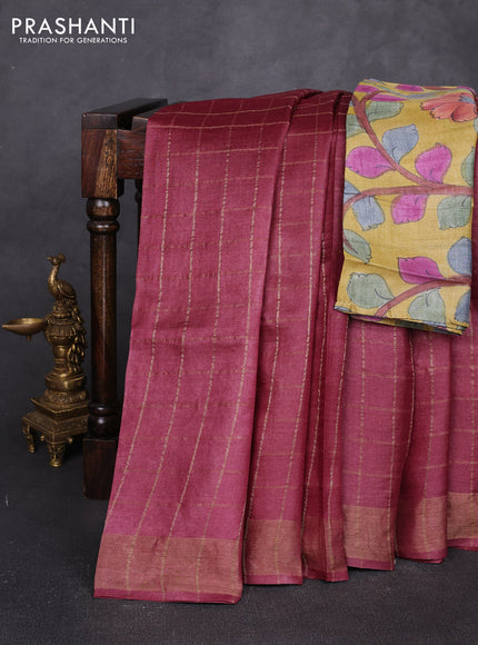 Pure tussar silk saree maroon shade and mustard yellow with allover zari checked pattern and zari woven border
