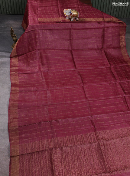 Pure tussar silk saree maroon shade and mustard yellow with allover zari checked pattern and zari woven border