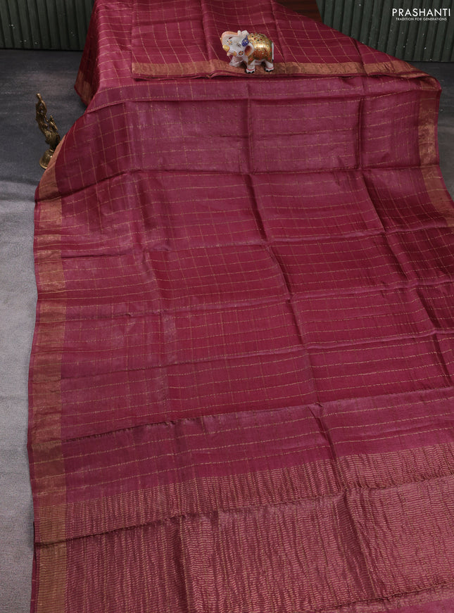 Pure tussar silk saree maroon shade and mustard yellow with allover zari checked pattern and zari woven border