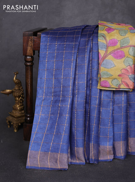 Pure tussar silk saree blue and mustard yellow with allover zari checked pattern and zari woven border