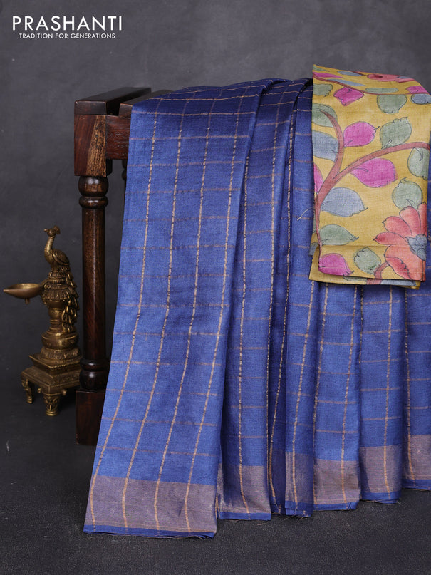 Pure tussar silk saree blue and mustard yellow with allover zari checked pattern and zari woven border