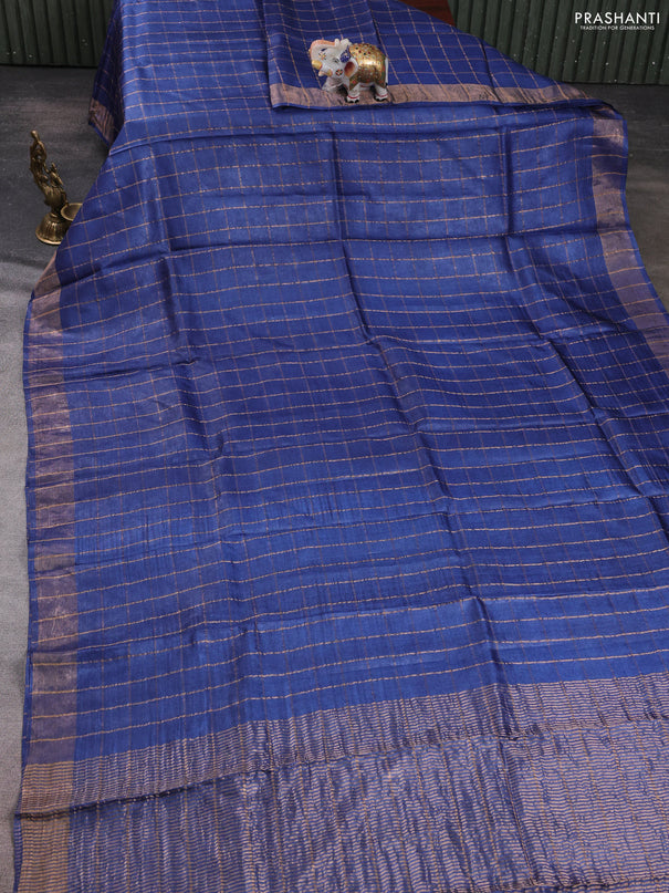 Pure tussar silk saree blue and mustard yellow with allover zari checked pattern and zari woven border