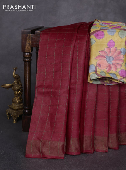 Pure tussar silk saree red shade and mustard yellow with allover zari checked pattern and zari woven border