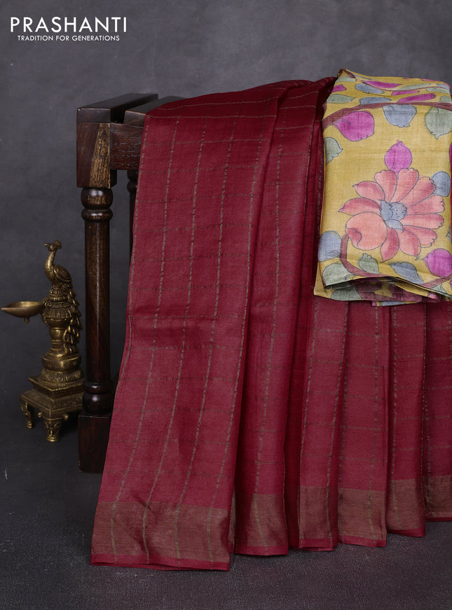 Pure tussar silk saree red shade and mustard yellow with allover zari checked pattern and zari woven border