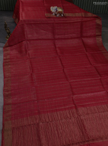 Pure tussar silk saree red shade and mustard yellow with allover zari checked pattern and zari woven border