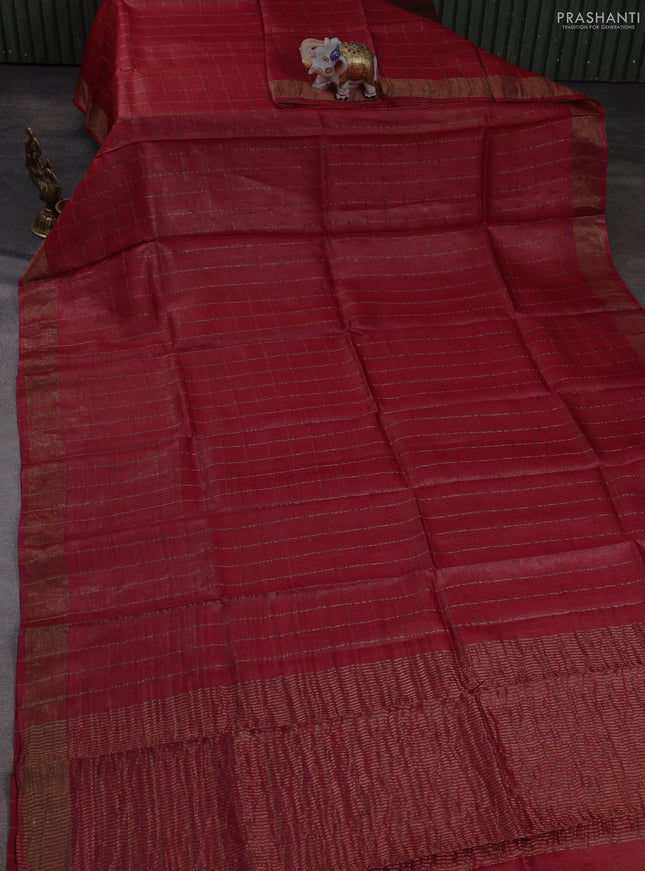 Pure tussar silk saree red shade and mustard yellow with allover zari checked pattern and zari woven border