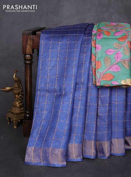 Pure tussar silk saree blue and teal green with allover zari checked pattern and zari woven border