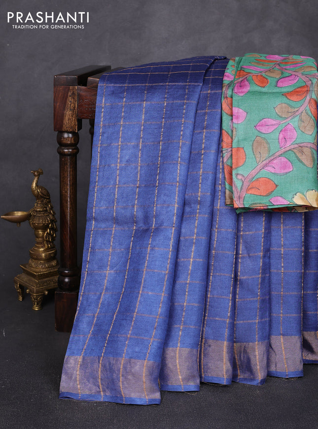 Pure tussar silk saree blue and teal green with allover zari checked pattern and zari woven border