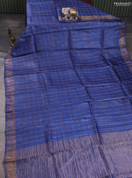 Pure tussar silk saree blue and teal green with allover zari checked pattern and zari woven border