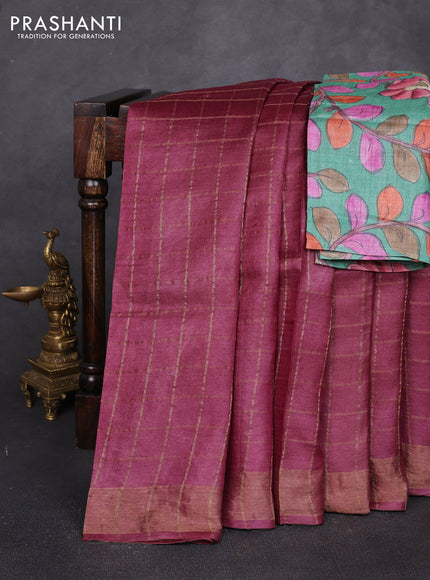 Pure tussar silk saree maroon shade and teal green with allover zari checked pattern and zari woven border