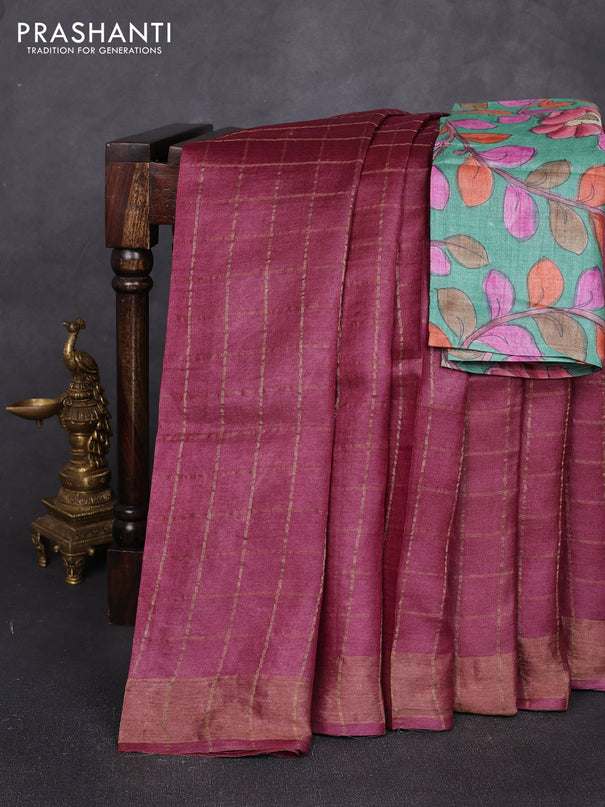 Pure tussar silk saree maroon shade and teal green with allover zari checked pattern and zari woven border