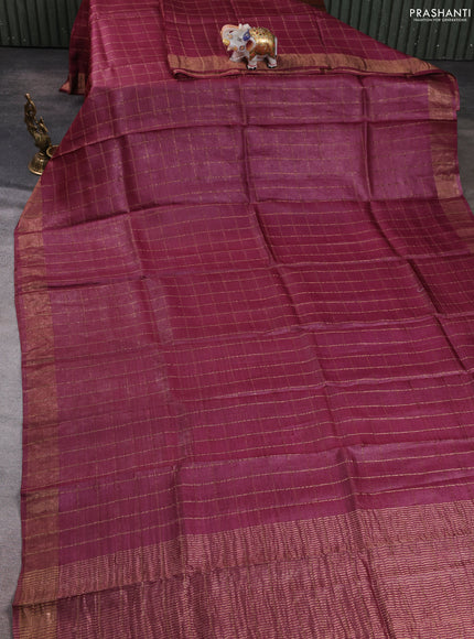Pure tussar silk saree maroon shade and teal green with allover zari checked pattern and zari woven border