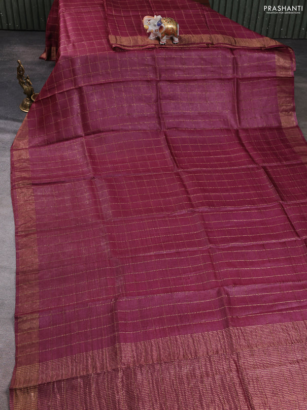 Pure tussar silk saree maroon shade and teal green with allover zari checked pattern and zari woven border