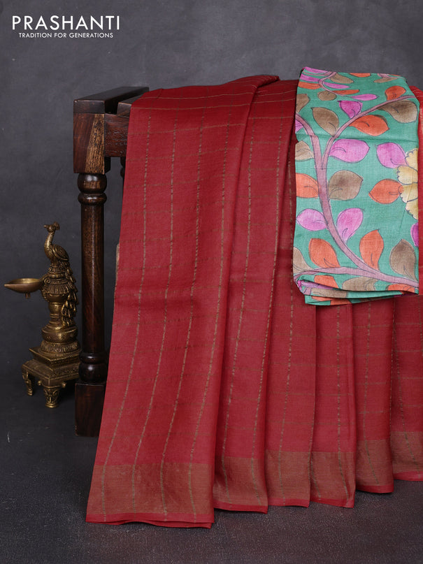 Pure tussar silk saree red shade and teal green with allover zari checked pattern and zari woven border