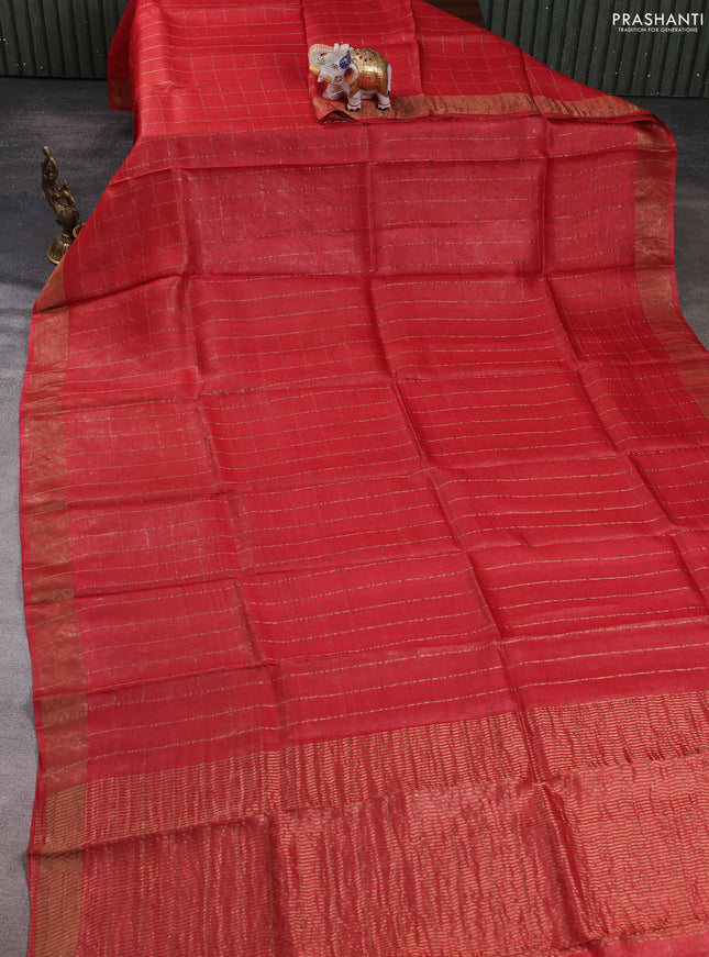 Pure tussar silk saree red shade and teal green with allover zari checked pattern and zari woven border