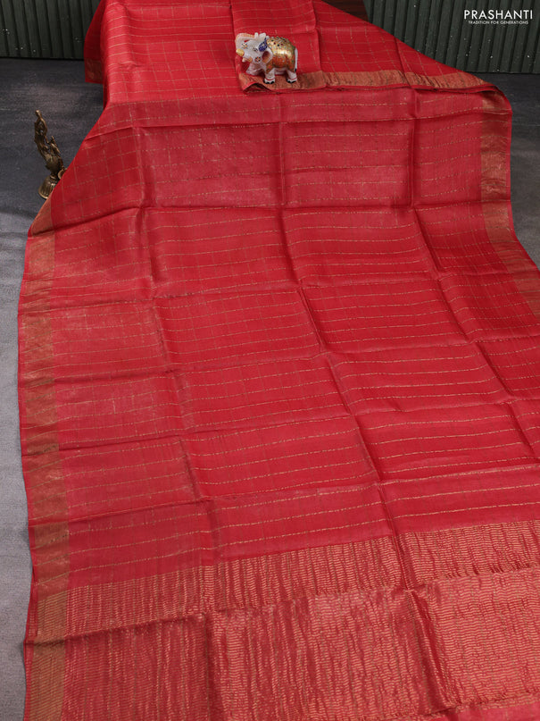 Pure tussar silk saree red shade and teal green with allover zari checked pattern and zari woven border