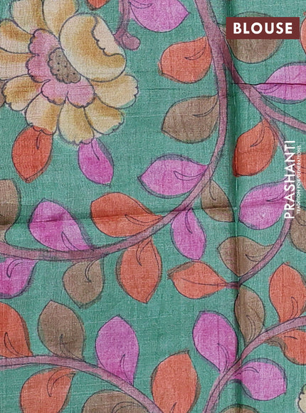 Pure tussar silk saree red shade and teal green with allover zari checked pattern and zari woven border