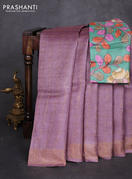 Pure tussar silk saree pastel purple and teal green with allover zari checked pattern and zari woven border