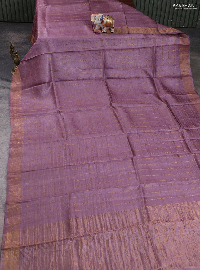 Pure tussar silk saree pastel purple and teal green with allover zari checked pattern and zari woven border