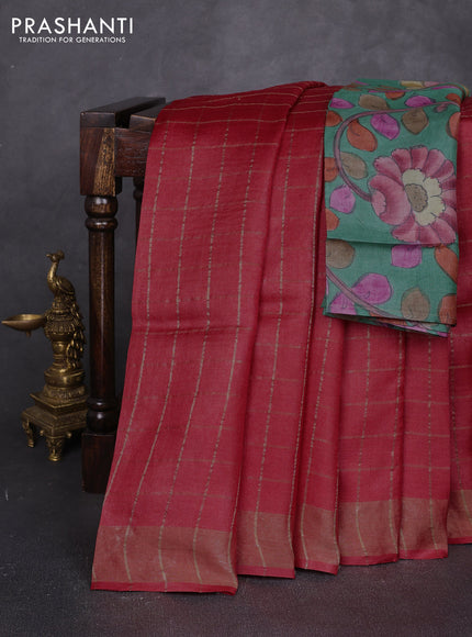 Pure tussar silk saree red and teal green with allover zari checked pattern and zari woven border