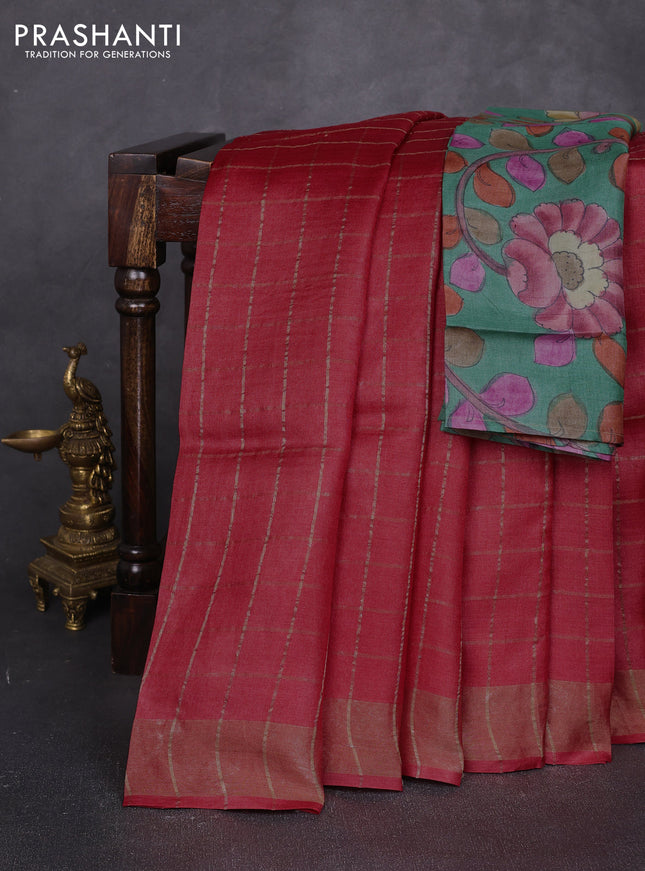 Pure tussar silk saree red and teal green with allover zari checked pattern and zari woven border