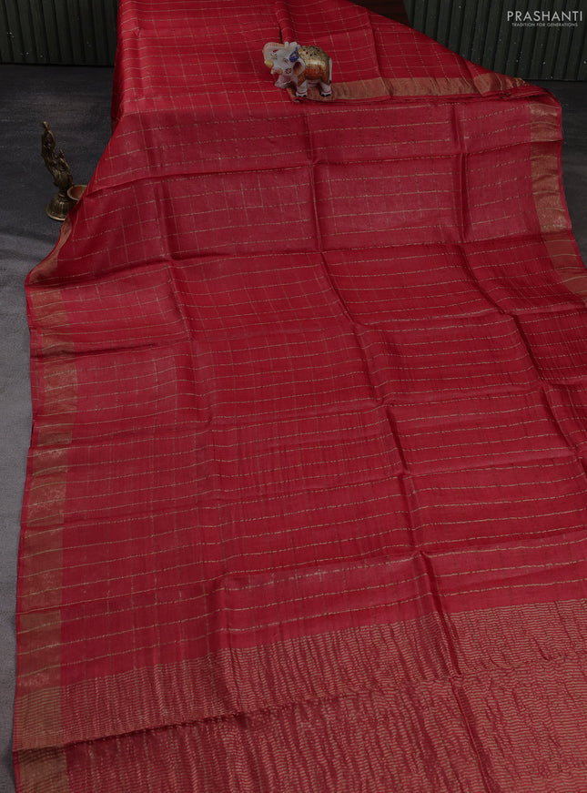 Pure tussar silk saree red and teal green with allover zari checked pattern and zari woven border