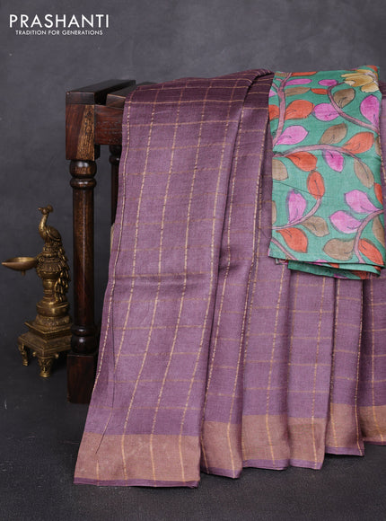 Pure tussar silk saree rosy brown and teal green with allover zari checked pattern and zari woven border
