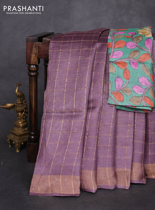 Pure tussar silk saree rosy brown and teal green with allover zari checked pattern and zari woven border