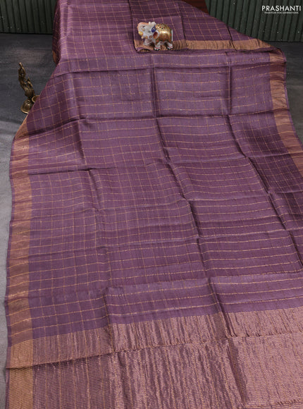 Pure tussar silk saree rosy brown and teal green with allover zari checked pattern and zari woven border