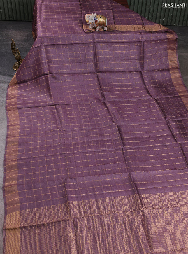 Pure tussar silk saree rosy brown and teal green with allover zari checked pattern and zari woven border