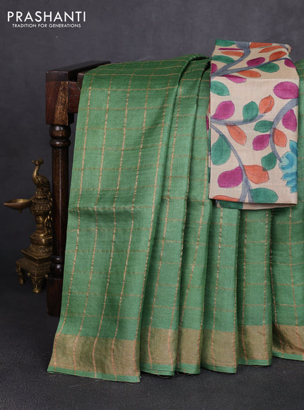 Pure tussar silk saree green and cream with allover zari checked pattern and zari woven border