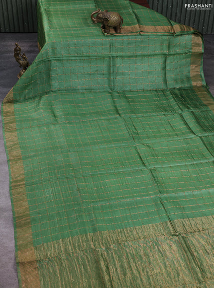 Pure tussar silk saree green and cream with allover zari checked pattern and zari woven border