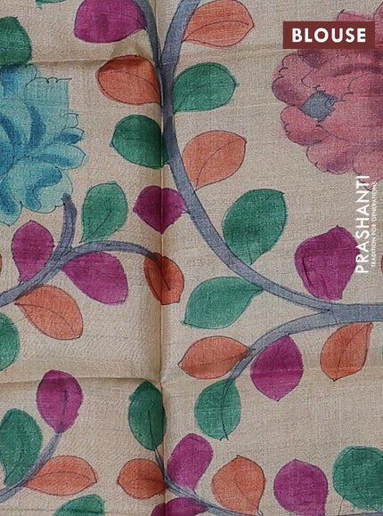 Pure tussar silk saree green and cream with allover zari checked pattern and zari woven border