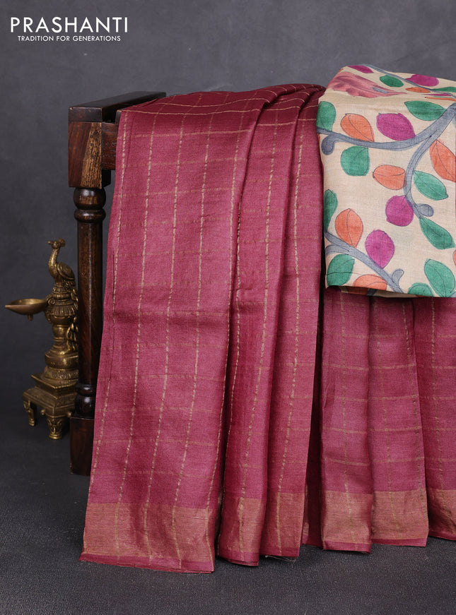 Pure tussar silk saree maroon and beige with allover zari checked pattern and zari woven border