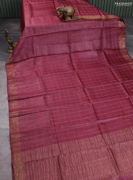 Pure tussar silk saree maroon and beige with allover zari checked pattern and zari woven border