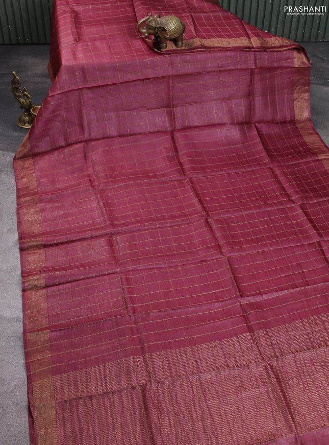 Pure tussar silk saree maroon and beige with allover zari checked pattern and zari woven border